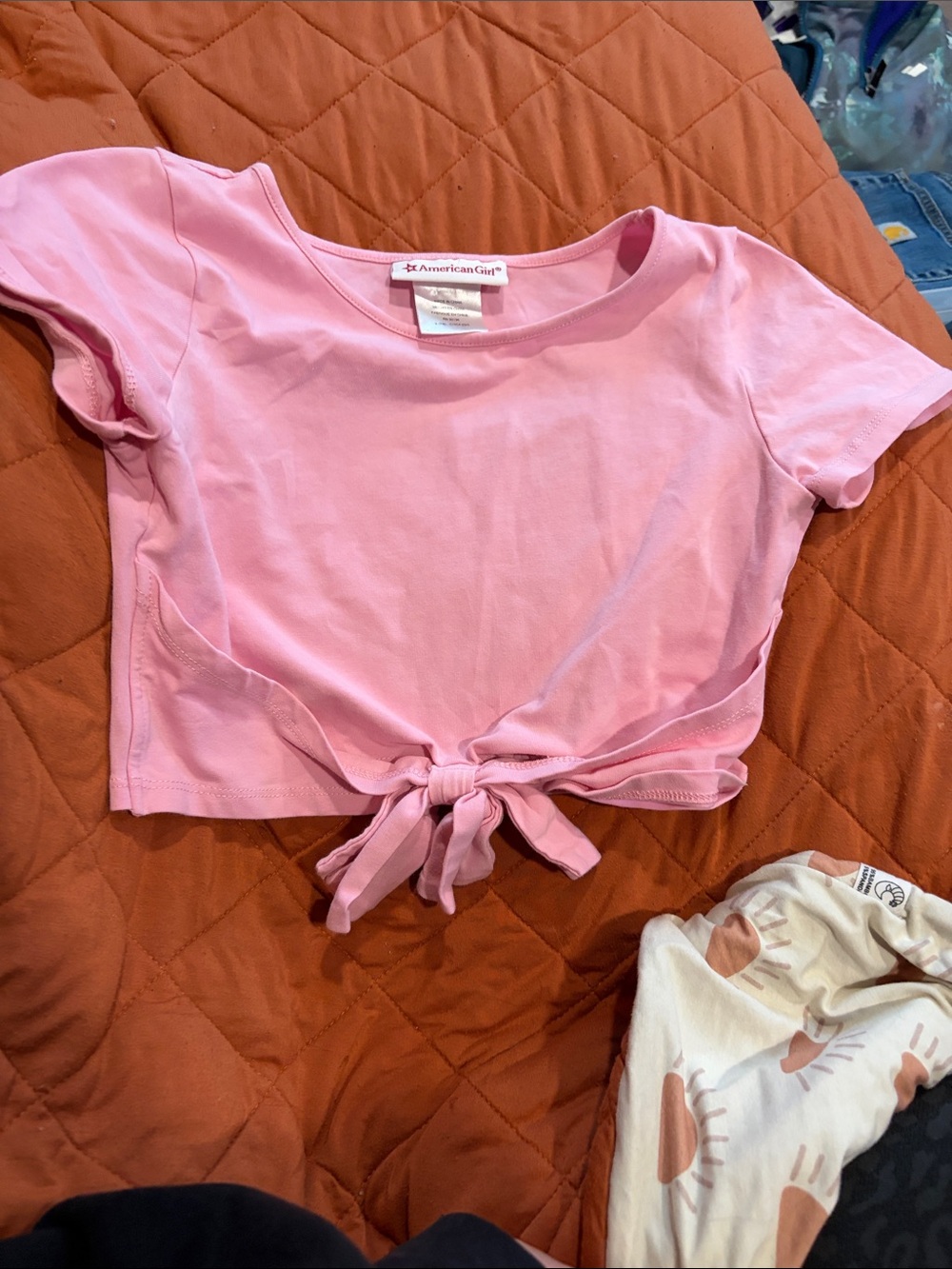 B64 Youth S(7/8) American Girl Light Pink Front-Tie Crop Top - Picture 1 of 3